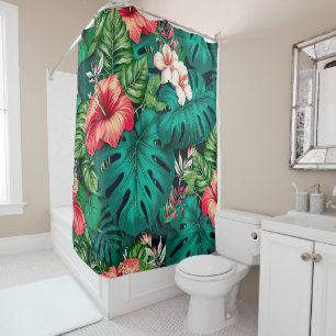 Rideaux De Douche Feuilles Tropicales Élégantes et Fleurs d'Hibiscus
