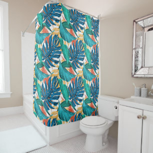 Rideaux De Douche Feuilles tropicaux colorés, design motif exotique,