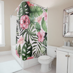 Rideaux De Douche Feuilles tropicaux et fleurs en rose