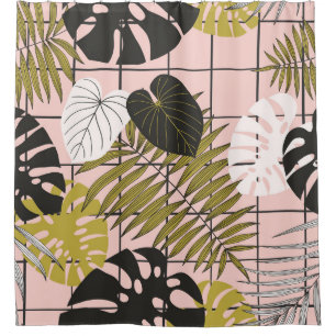 Rideaux De Douche Feuilles tropicaux, fleurs, motif peint à la main.