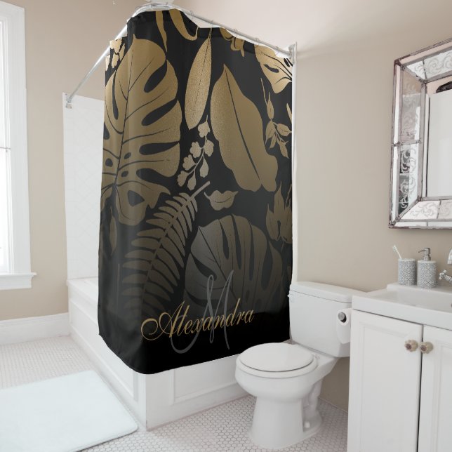 Rideaux De Douche Feuilles tropicaux Noir et Or (En situation)