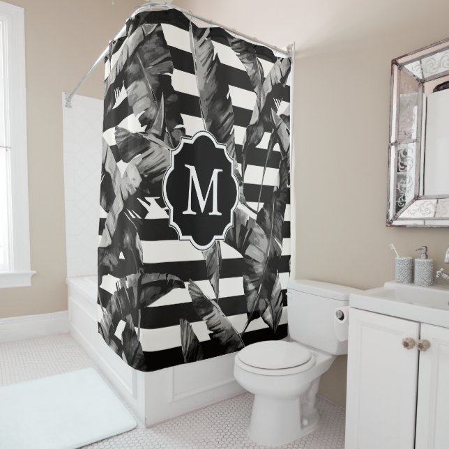 Rideaux De Douche Feuilles tropicaux noirs et blancs (En situation)