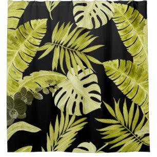 Rideaux De Douche Feuilles tropicaux, orchidées, motif aquarelle.