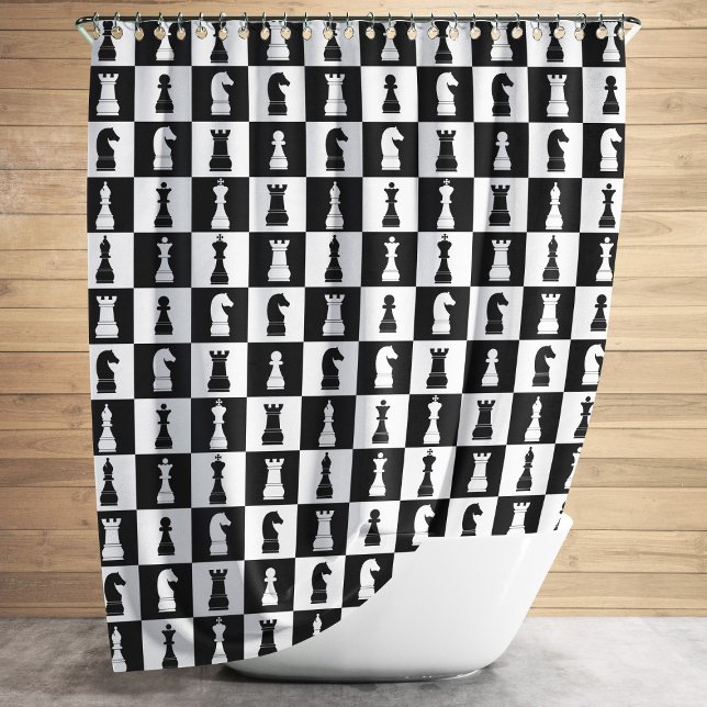 Rideaux De Douche Figures de jeu d'échecs noir et blanc (Chess Game Figures Pattern Black And White Shower Curtain)
