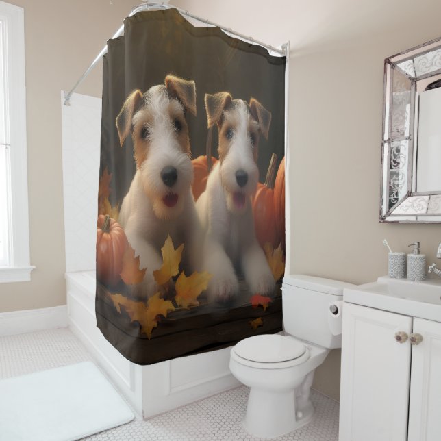 Rideaux De Douche Fil Fox Terrier Puppy Automne Citrouille de plaisi (En situation)