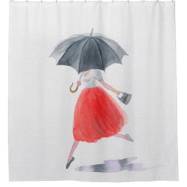 Rideaux De Douche Fille à la mode : Illustration de pluie parapluie (Devant)