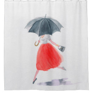 Rideaux De Douche Fille avec parapluie sous la pluie. illustration d