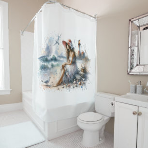 Rideaux De Douche Fille d'aquarelle romantique par phare