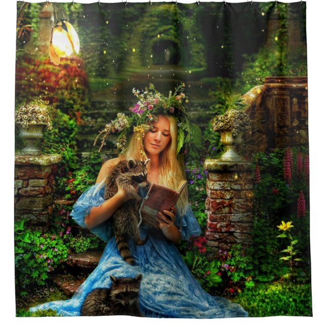 Rideaux De Douche Fille en robe bleue et ratons laveurs  (Devant)