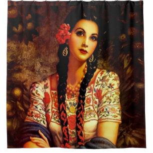 Rideaux De Douche Fille pin-up vintage mexicaine avec de longues tre