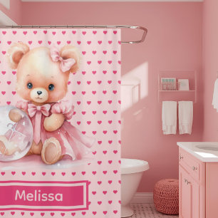 Rideaux De Douche Fille Rose Teddy Ours Monogramme Douche Rideaux