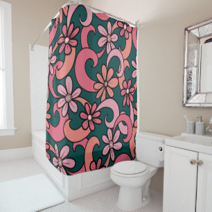 Rideaux De Douche Fille Super Coral rose Vert les années 70 Fleurs M