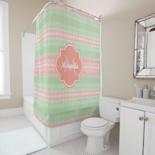 Rideaux De Douche Fille vert Knit Coral rose rayures et nom