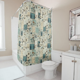 Rideaux De Douche Film Bleu Rétro Fleur Blanche Éphémère
