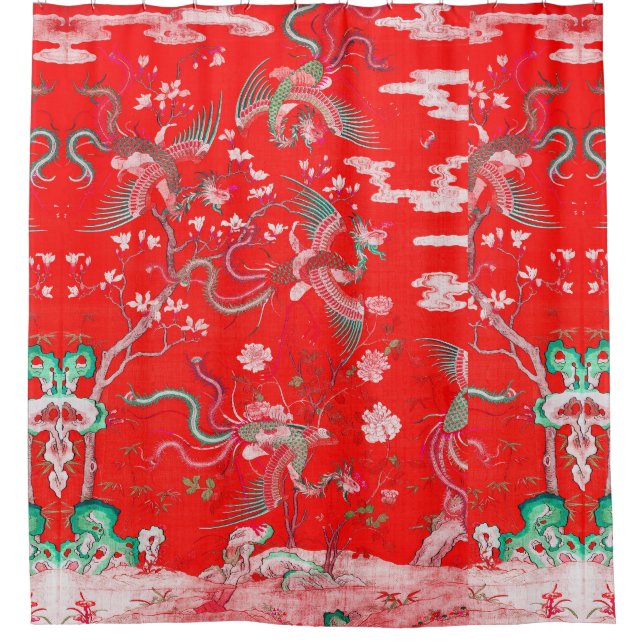 Rideaux De Douche Five Phoenixes in Garden Chinese Red Floral  (Devant)