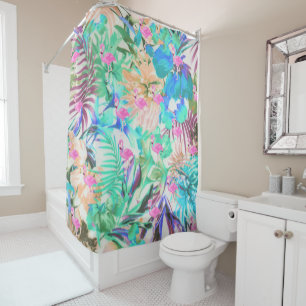 Rideaux De Douche Flamant floral rose turquoise tropical moderne