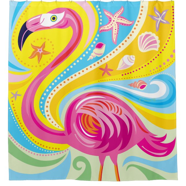 Rideaux De Douche Flamant rose avec étoile de mer (Devant)