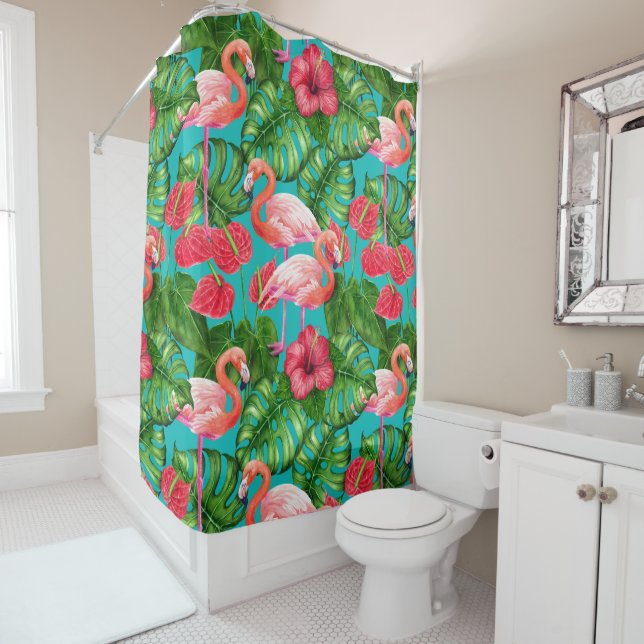 Rideaux De Douche Flamant rose et aquarelle du jardin tropical (En situation)