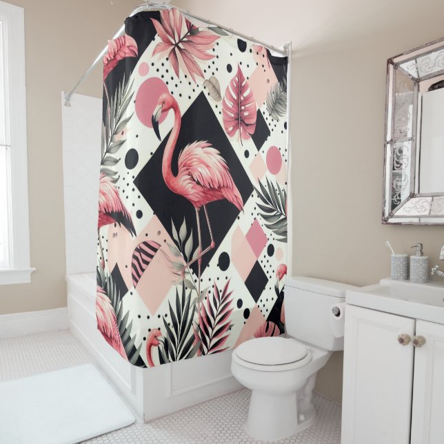 Rideaux De Douche Flamant rose mignon géométrique (En situation)