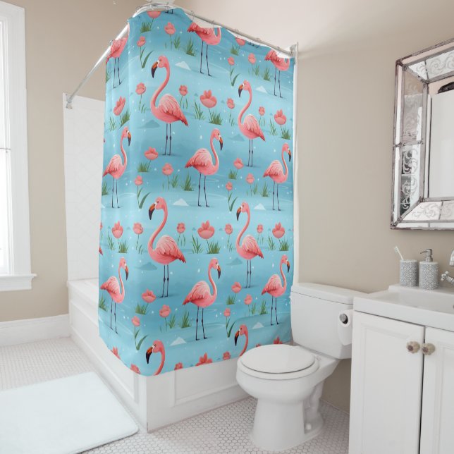 Rideaux De Douche Flamant rose Motif d'eau bleu (En situation)