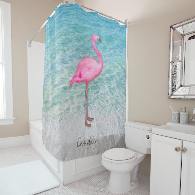 Rideaux De Douche Flamant rose rose personnalisé Plage de sable trop (En situation)