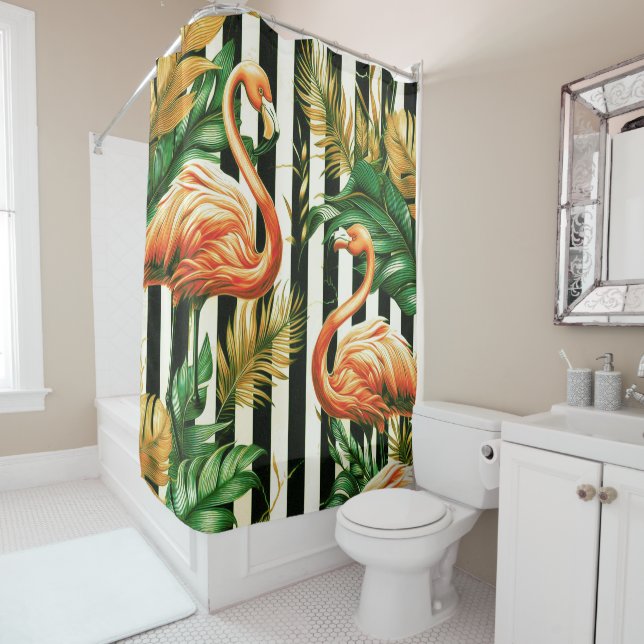 Rideaux De Douche Flamant rose vintage Retro Stripes (En situation)