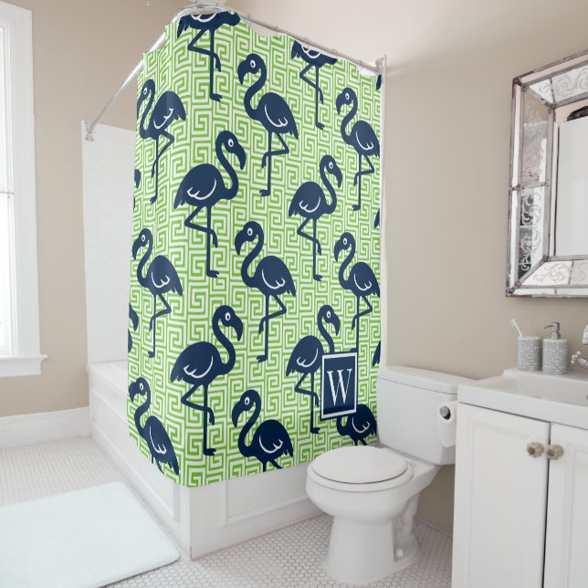 Rideaux De Douche Flamant Tropical - Clé Grecque Navy & Lime (En situation)