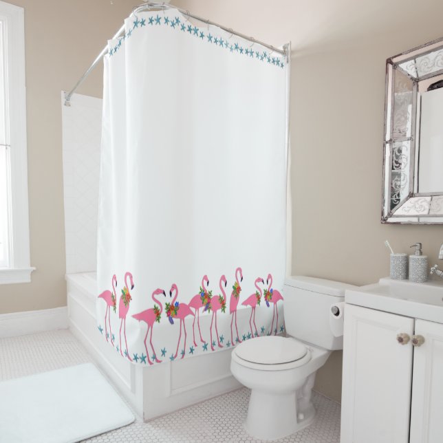Rideaux de douche Flamants roses et étoiles de mer (En situation)