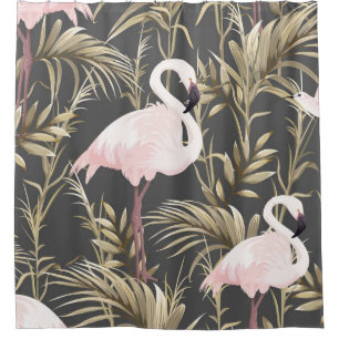 Rideaux De Douche flamants roses et plantes dorés sans couture motif