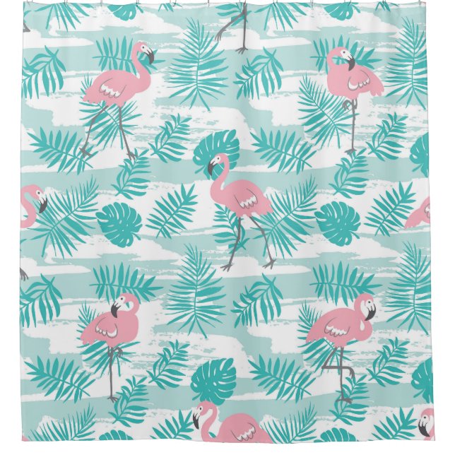 Rideaux De Douche flamants roses, feuilles de palmiers verts, tropic (Devant)
