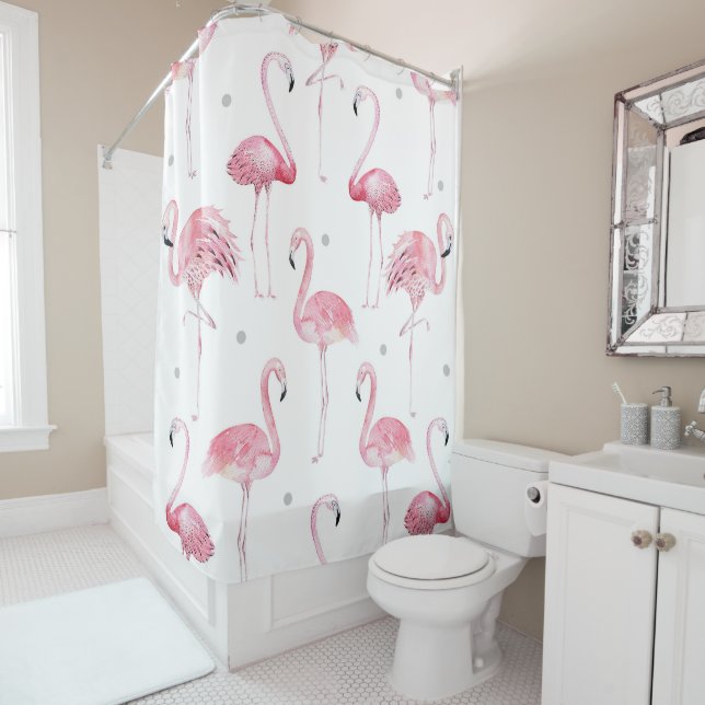 Rideaux De Douche Flamants roses pois gris chic tropical (En situation)