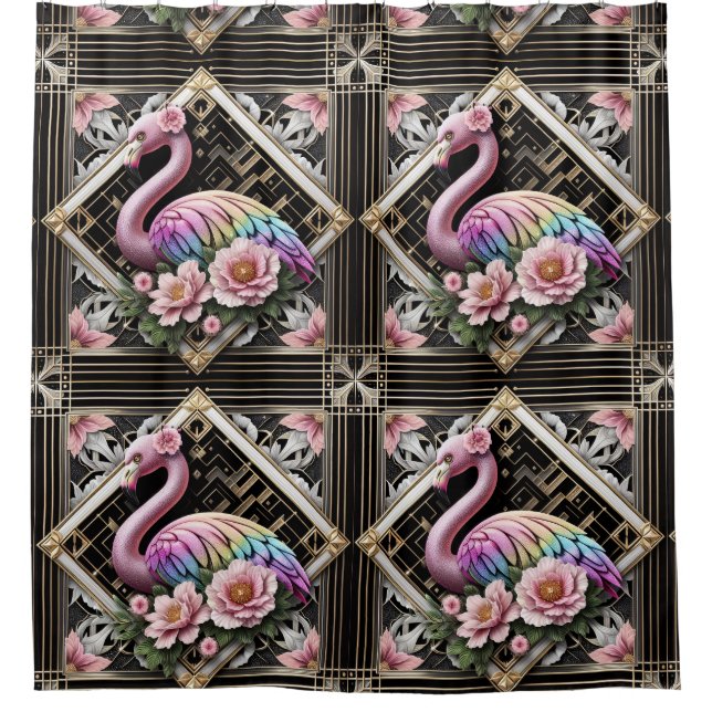 Rideaux De Douche Flamants roses rétro Art déco (Devant)