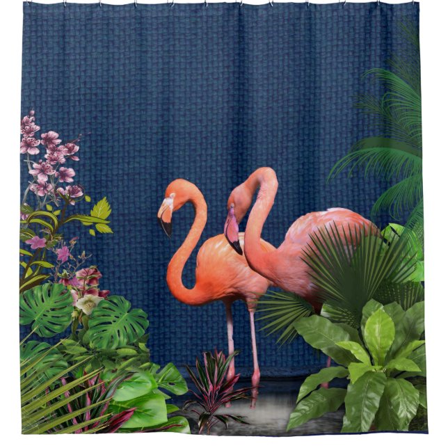 Rideaux De Douche Flamants roses roses sur bleu classique & vert (Devant)