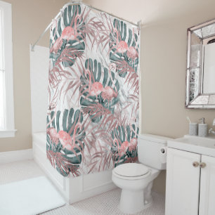 Rideaux De Douche Flamants Roses Tropicaux Or Rose Feuilles & Marbre