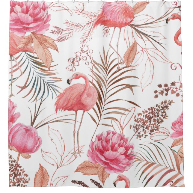 Rideaux De Douche Flamingo rose, motif d'aquarelle de pivoine. (Devant)