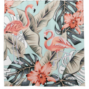 Rideaux De Douche Flamingo rose tropicale avec fleurs d'orchidées e