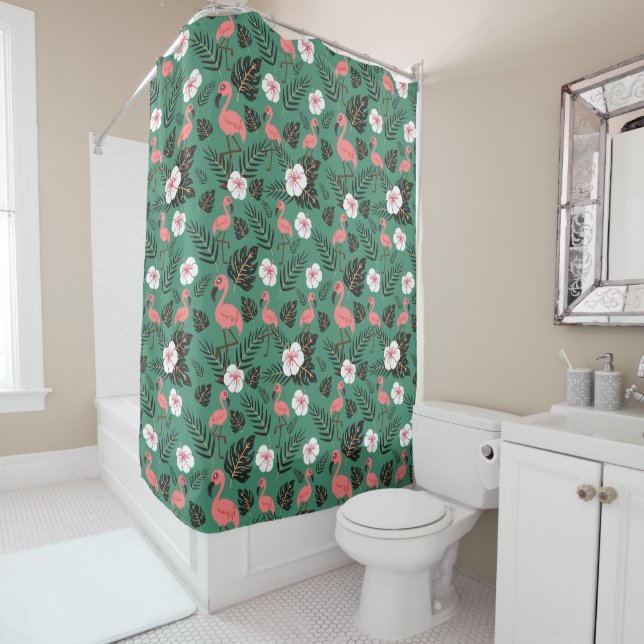 Rideaux De Douche Flamingo seamless pattern pink on green background (En situation)