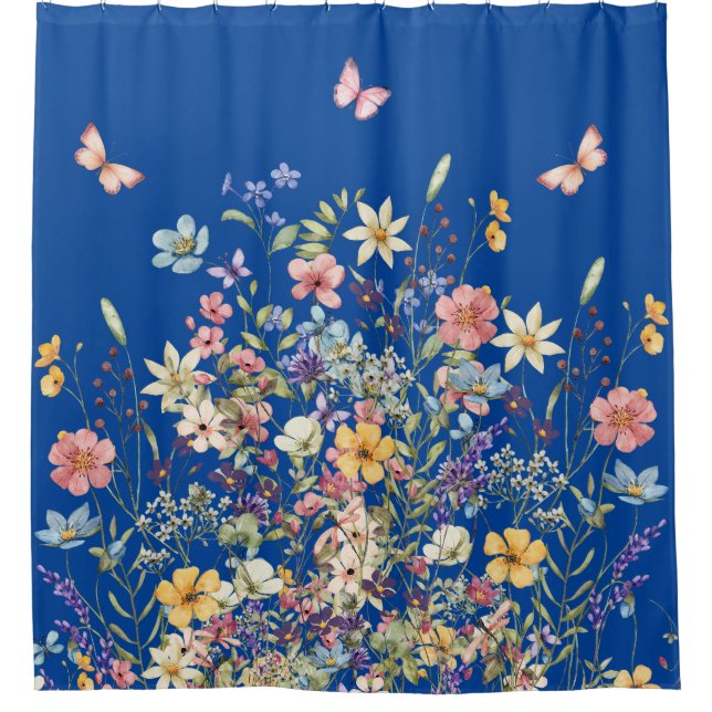 Rideaux De Douche Fleur botanique bleu de cobalt (Devant)