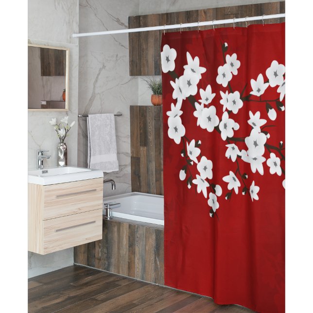Rideaux De Douche Fleur de cerisier rouge blanc oriental (Créateur téléchargé)