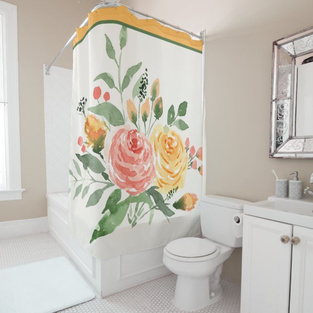 Rideaux De Douche Fleur de couleur pêche et rose à l'aquarelle (En situation)