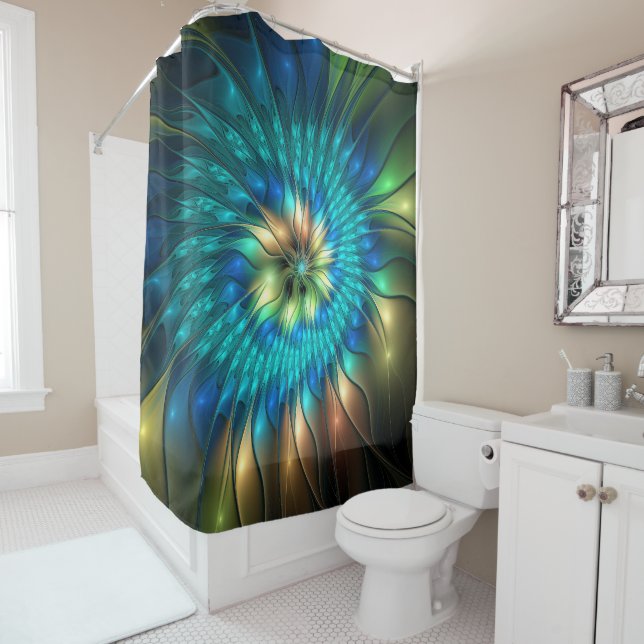 Rideaux De Douche Fleur de fantaisie lumineuse, fractale abstraite c (En situation)