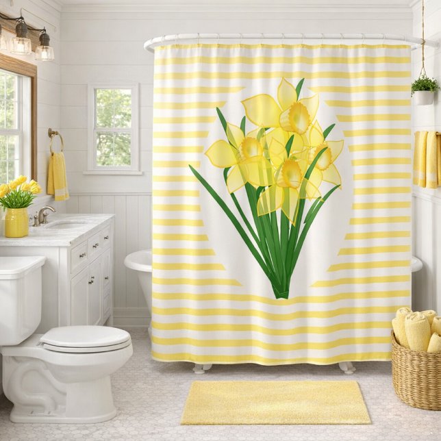 Rideaux De Douche Fleur de jonquilles jaunes style printemps (Bright daffodils bloom in a striped shower curtain, adding cheerful charm to this farmhouse bathroom)