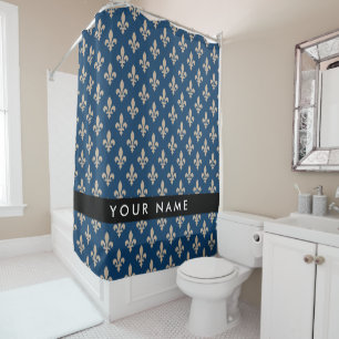 Rideaux De Douche Fleur de Lis, Beige sur Bleu Nuit, Royal, Votre No