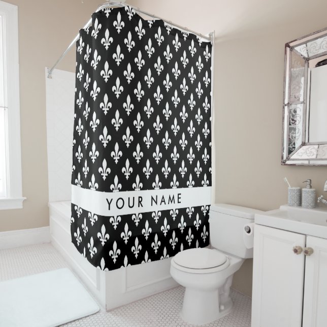 Rideaux De Douche Fleur de Lis, Blanc sur Noir, Blanc, Votre Nom (En situation)