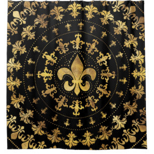 Rideaux De Douche Fleur de lis - décoration circulaire - Or et noir
