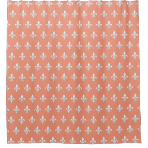 Rideaux De Douche Fleur de Lis en blanc sur Coral clair rose / Pêche