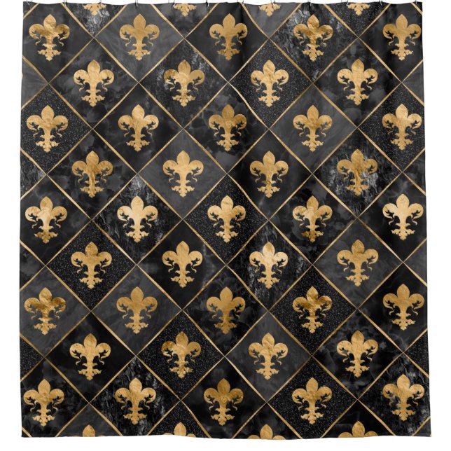 Rideaux De Douche Fleur de lis motif Marbre noir et or (Devant)