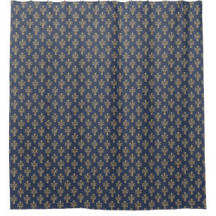 Rideaux De Douche Fleur de lis, motif, vintage, or, bleu marine, chi