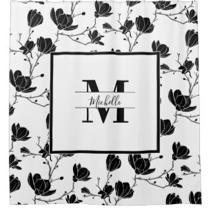 Rideaux De Douche Fleur de Magnolia blanche et noire Monogramme blan