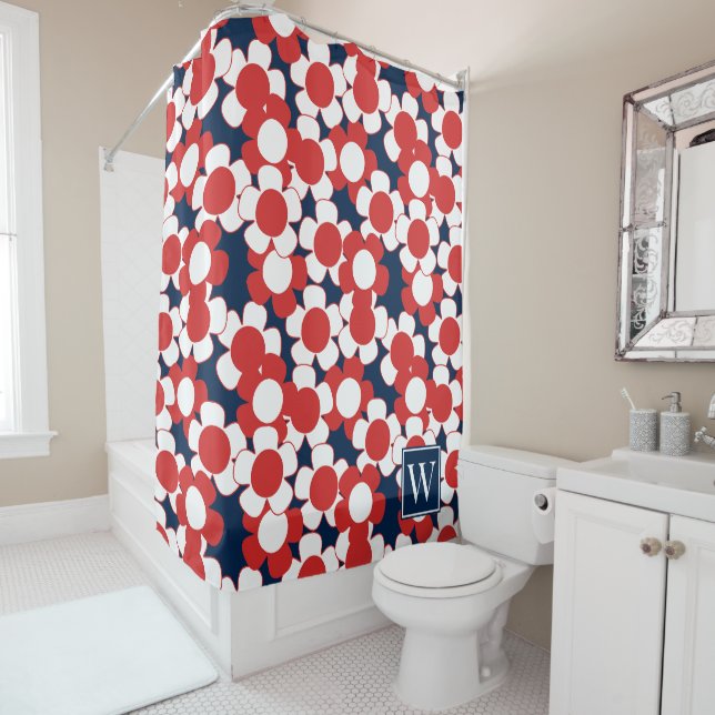 Rideaux De Douche Fleur de marguerite préppy – Monogramme rouge, bla (En situation)